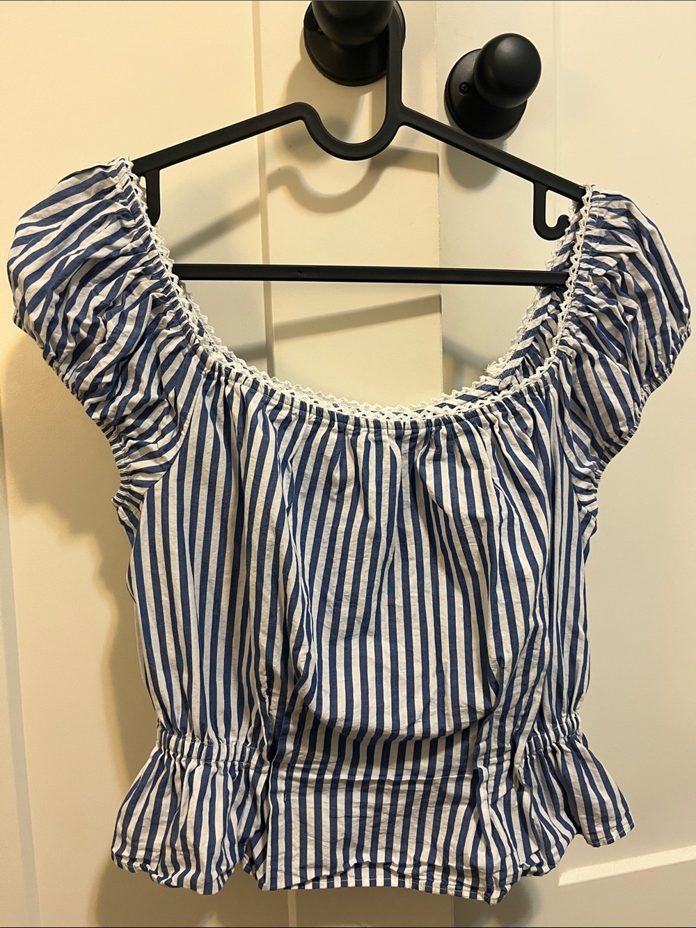 H&M Blue and White Striped Off-Shoulder Crop Top